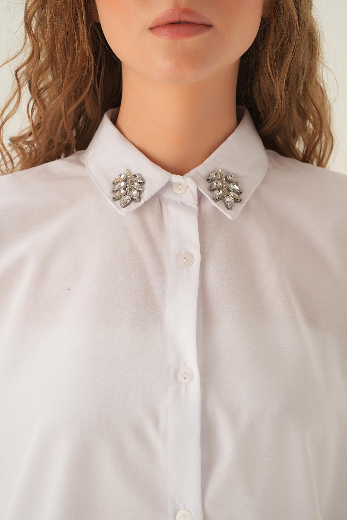 71462 Yaka Taş Detay Gömlek Beyaz - 4