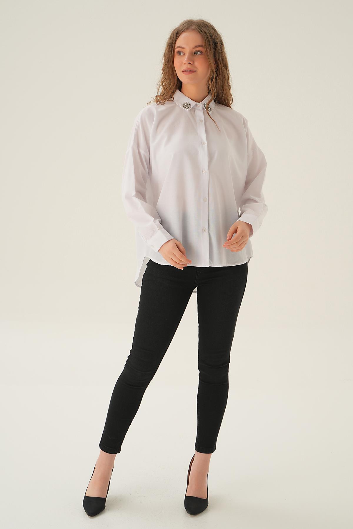 71462 Yaka Taş Detay Gömlek Beyaz - 6