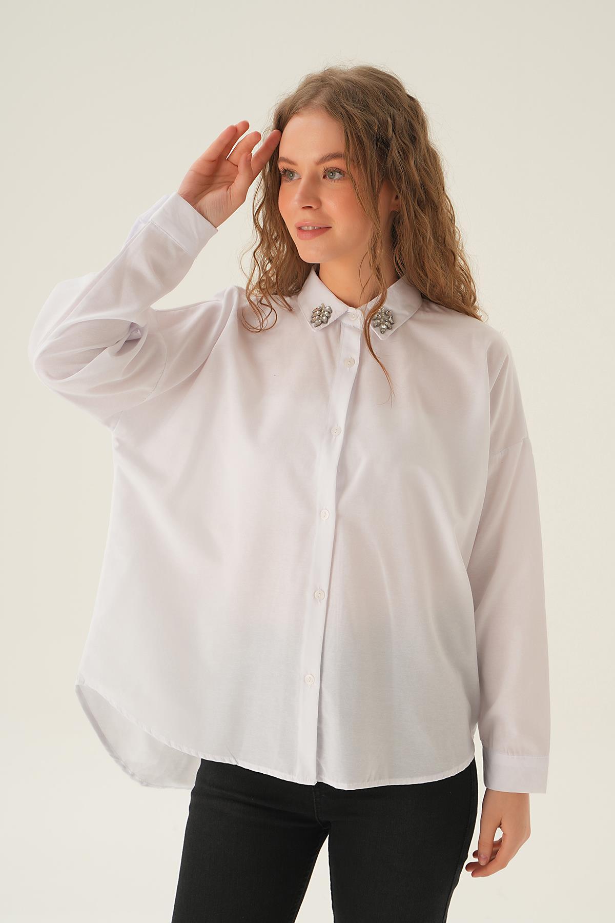71462 Yaka Taş Detay Gömlek Beyaz 
