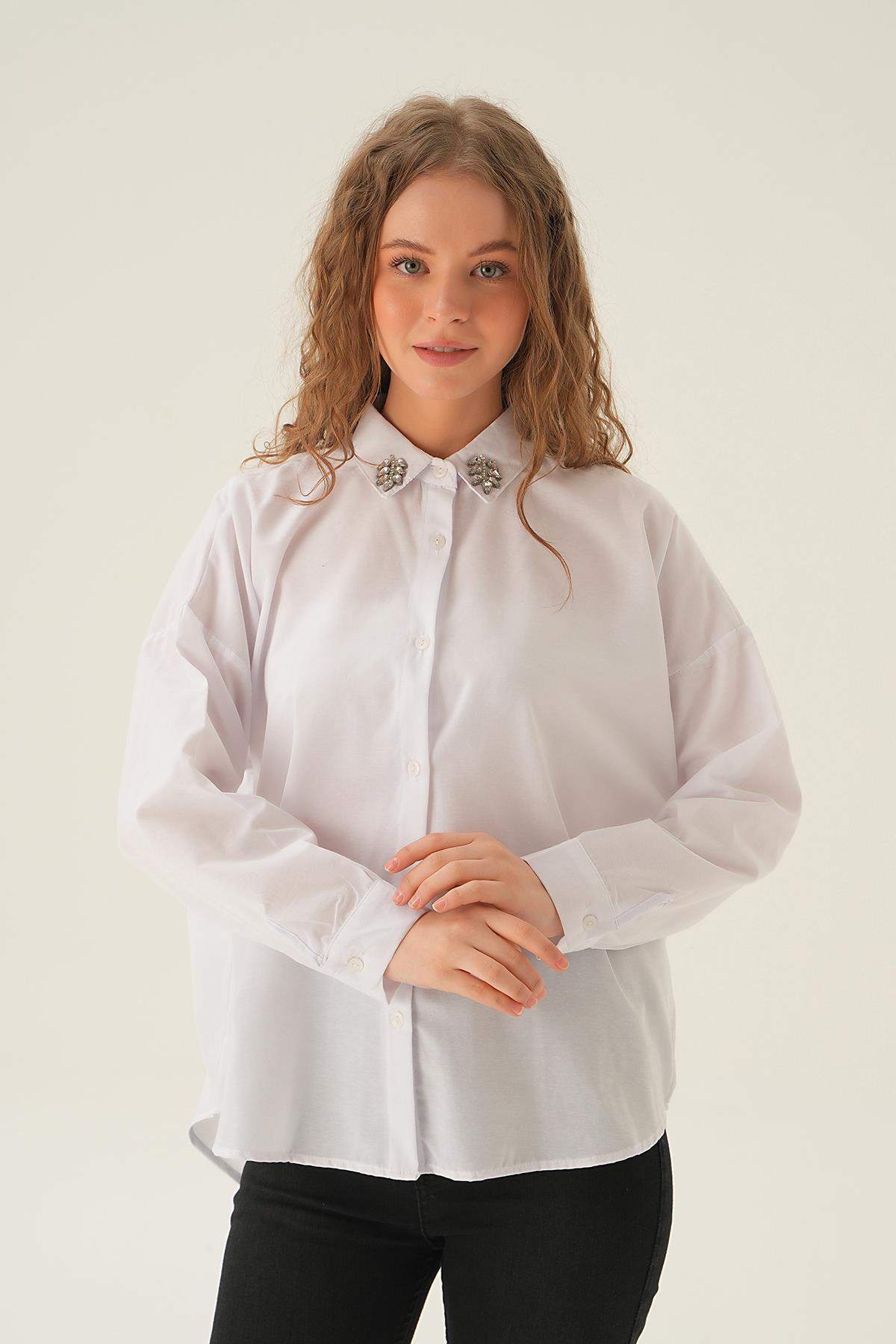 71462 Yaka Taş Detay Gömlek Beyaz - 2