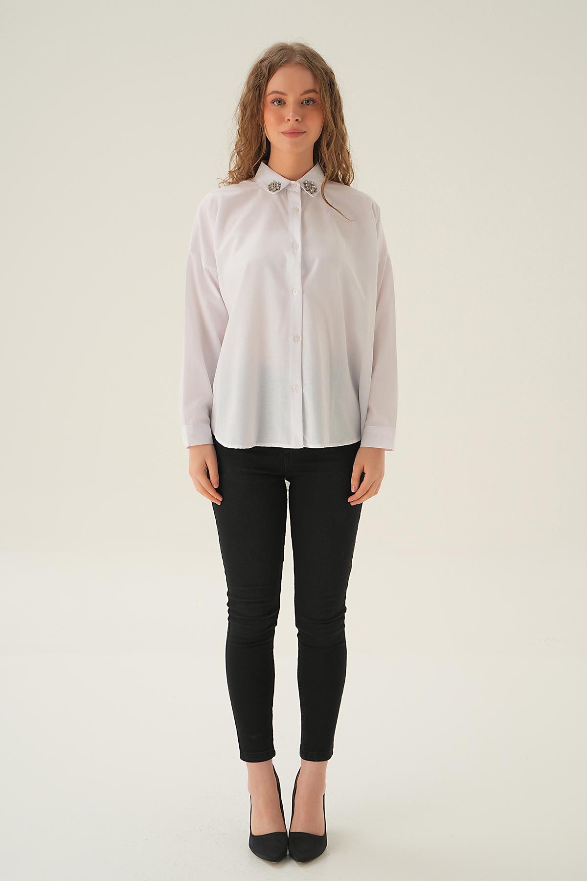 71462 Yaka Taş Detay Gömlek Beyaz - 5