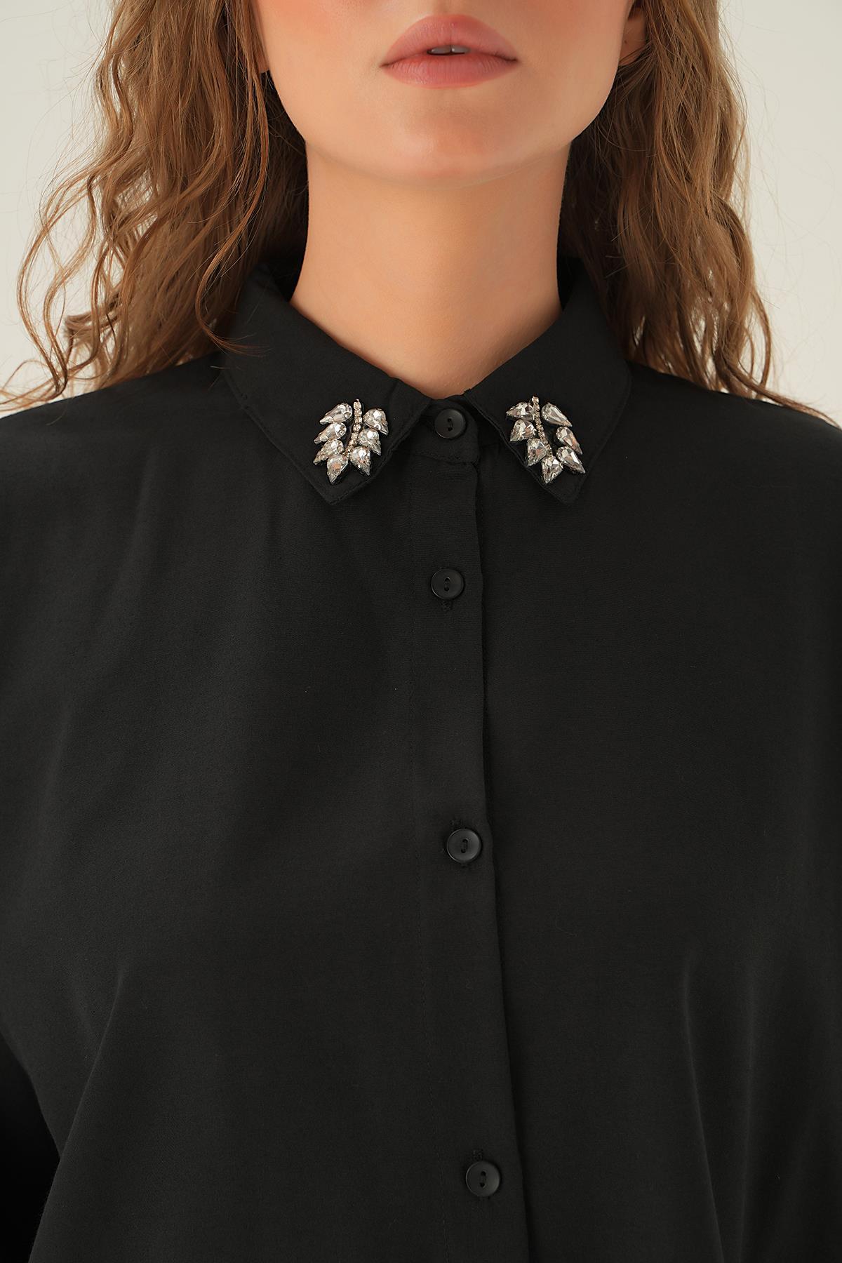 71462 Yaka Taş Detay Gömlek Siyah - 4