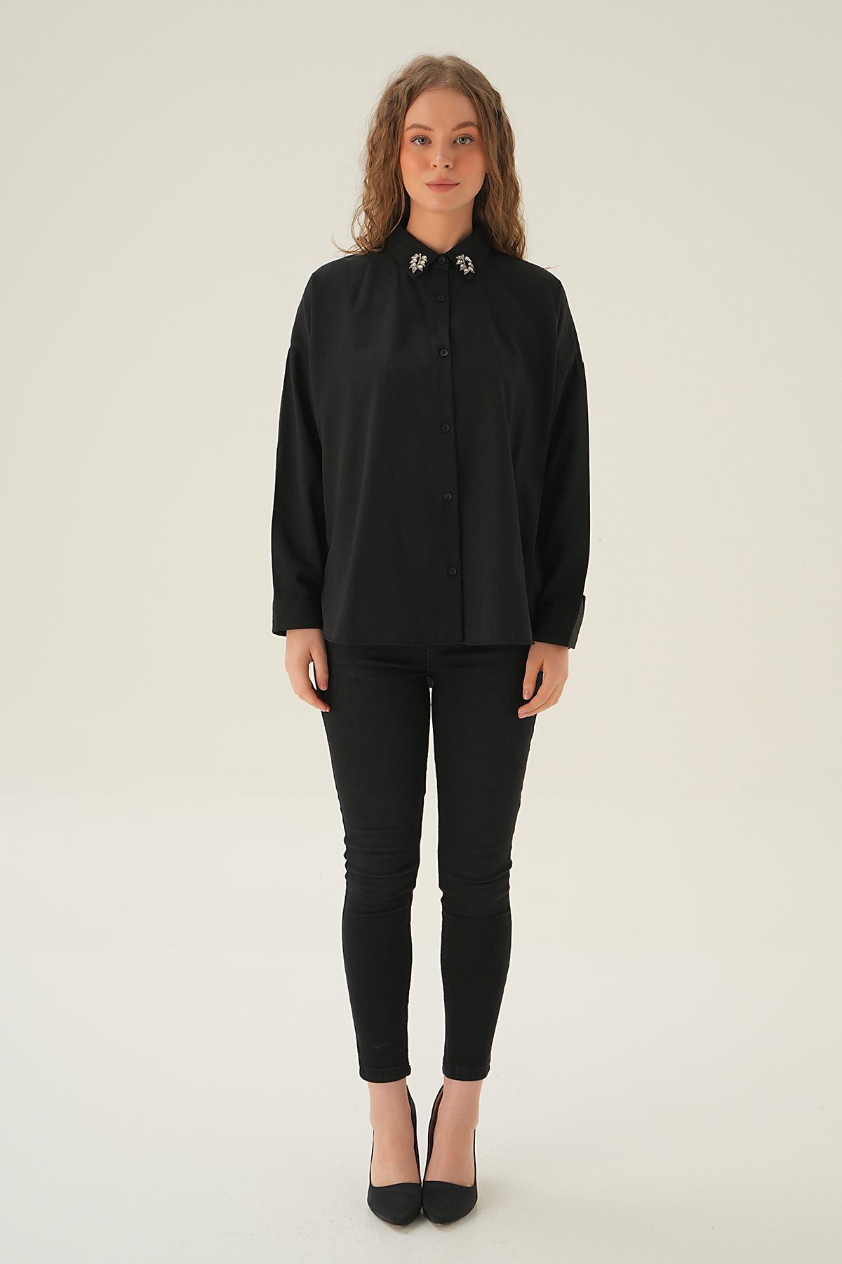 Siyah Yaka Taş Detay Gömlek 71462 - 5
