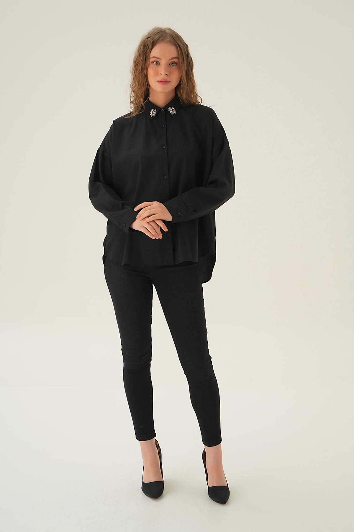 Siyah Yaka Taş Detay Gömlek 71462 - 6