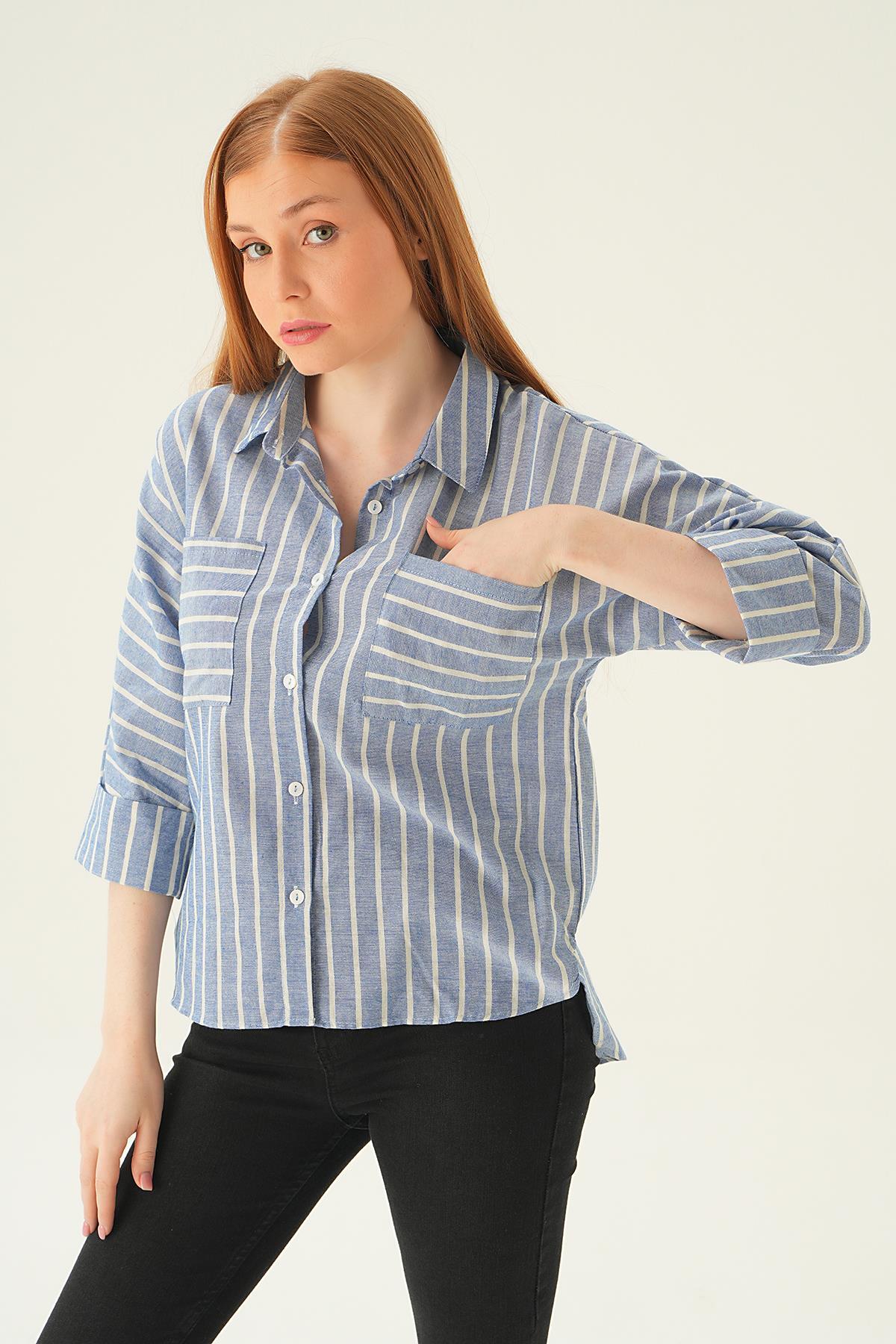 Laci Çift Cep Çizgili Gömlek 71468 - 5