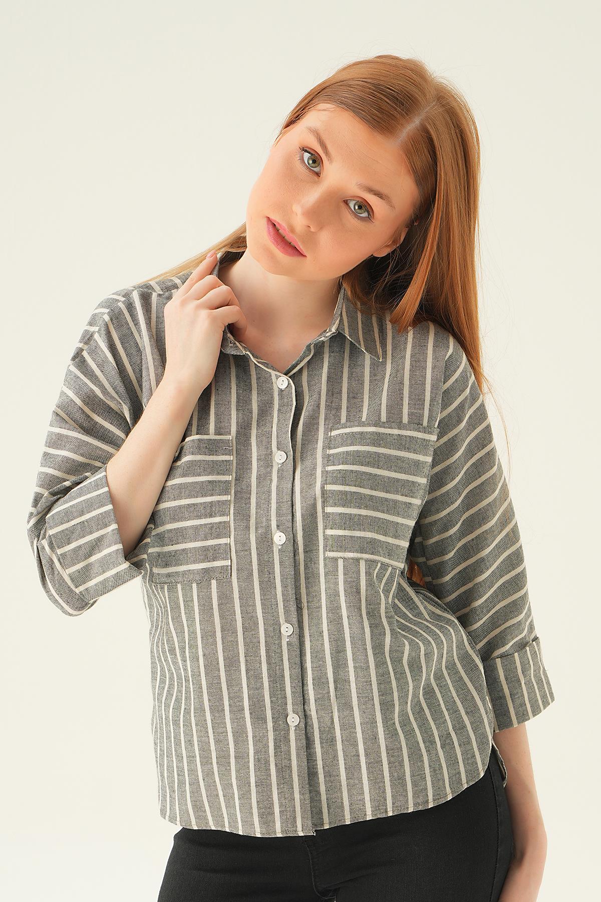 71468 Çift Cep Çizgili Gömlek Siyah - 1