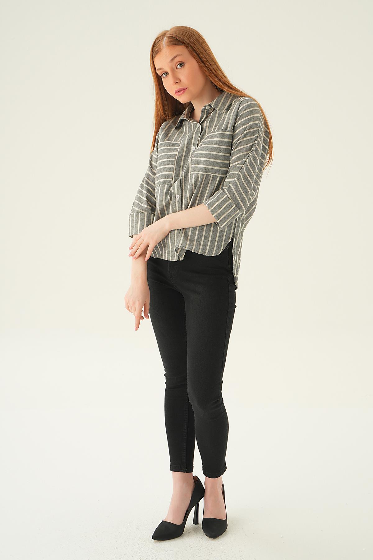 71468 Çift Cep Çizgili Gömlek Siyah - 2
