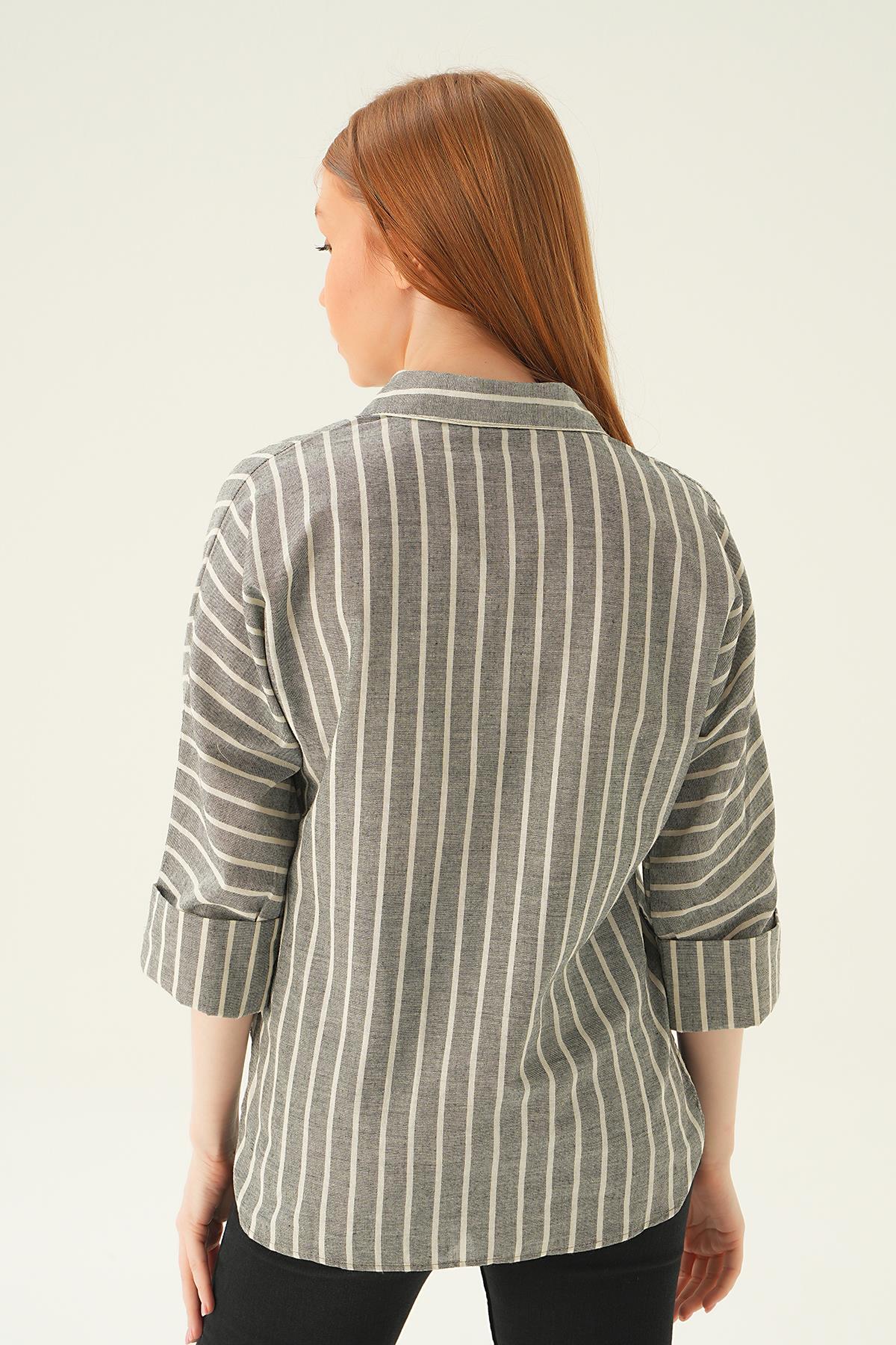 71468 Çift Cep Çizgili Gömlek Siyah - 4