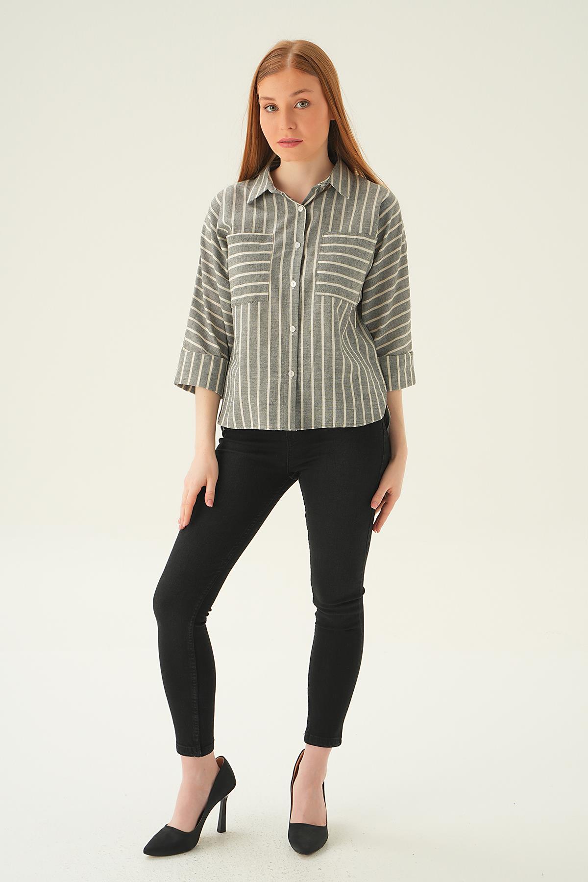 71468 Çift Cep Çizgili Gömlek Siyah - 6