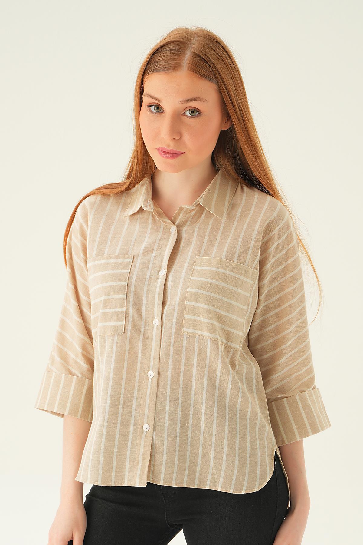 71468 Çift Cep Çizgili Gömlek Taş 