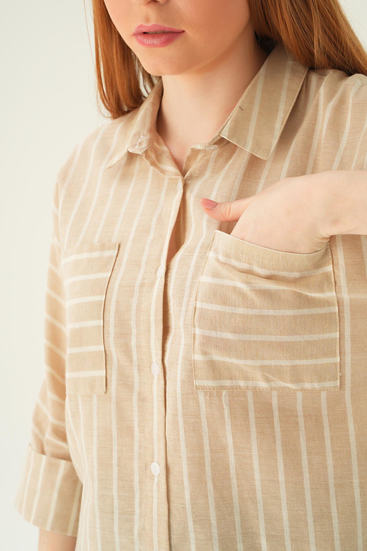 71468 Çift Cep Çizgili Gömlek Taş - 5