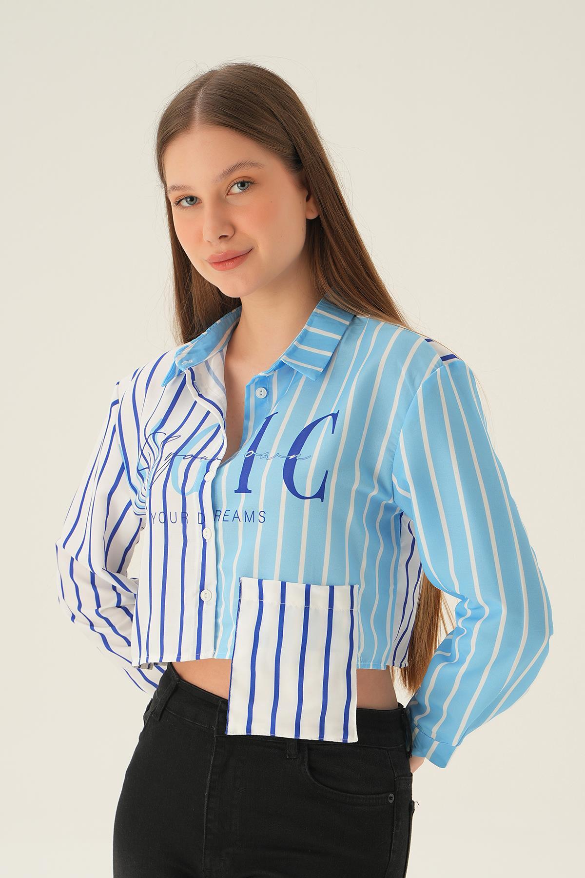 Mavi Crop Çizgili Gömlek 71482 - 1