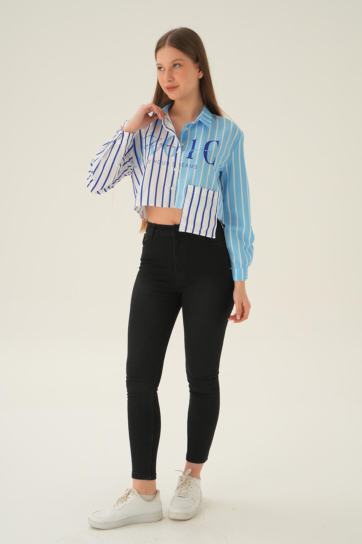 Mavi Crop Çizgili Gömlek 71482 - 2