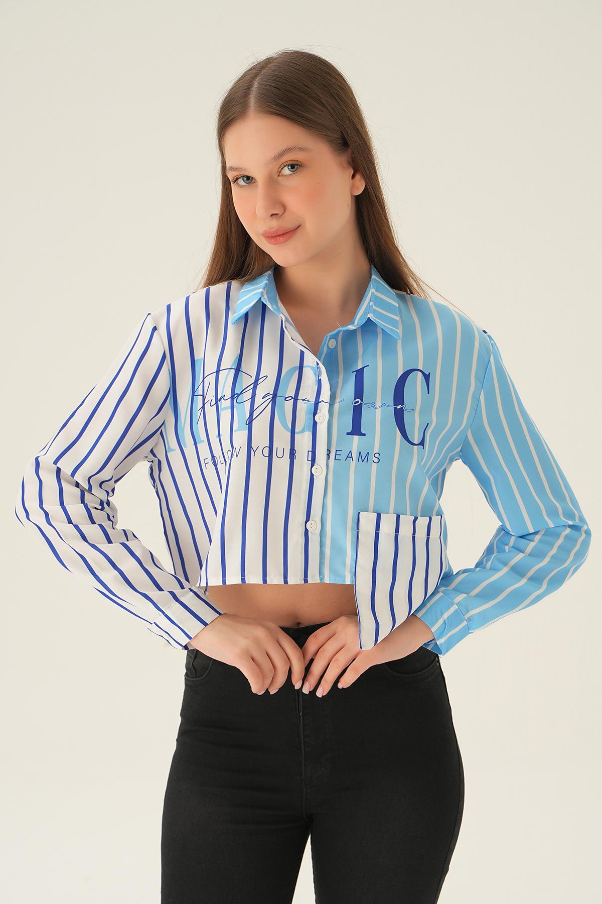 Mavi Crop Çizgili Gömlek 71482 - 3