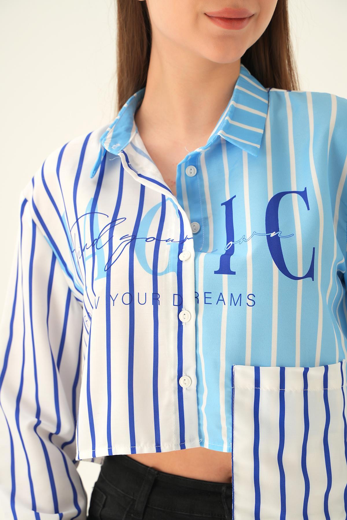 Mavi Crop Çizgili Gömlek 71482 - 5