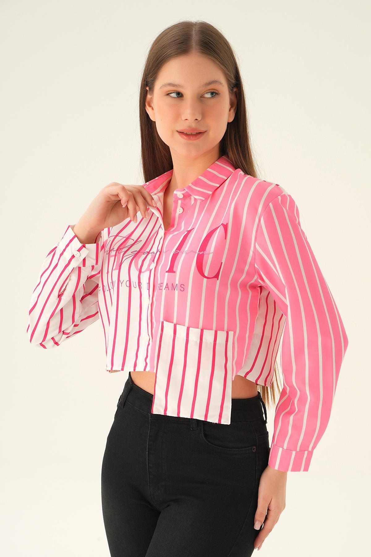 Pembe Crop Çizgili Gömlek 71482 - 2