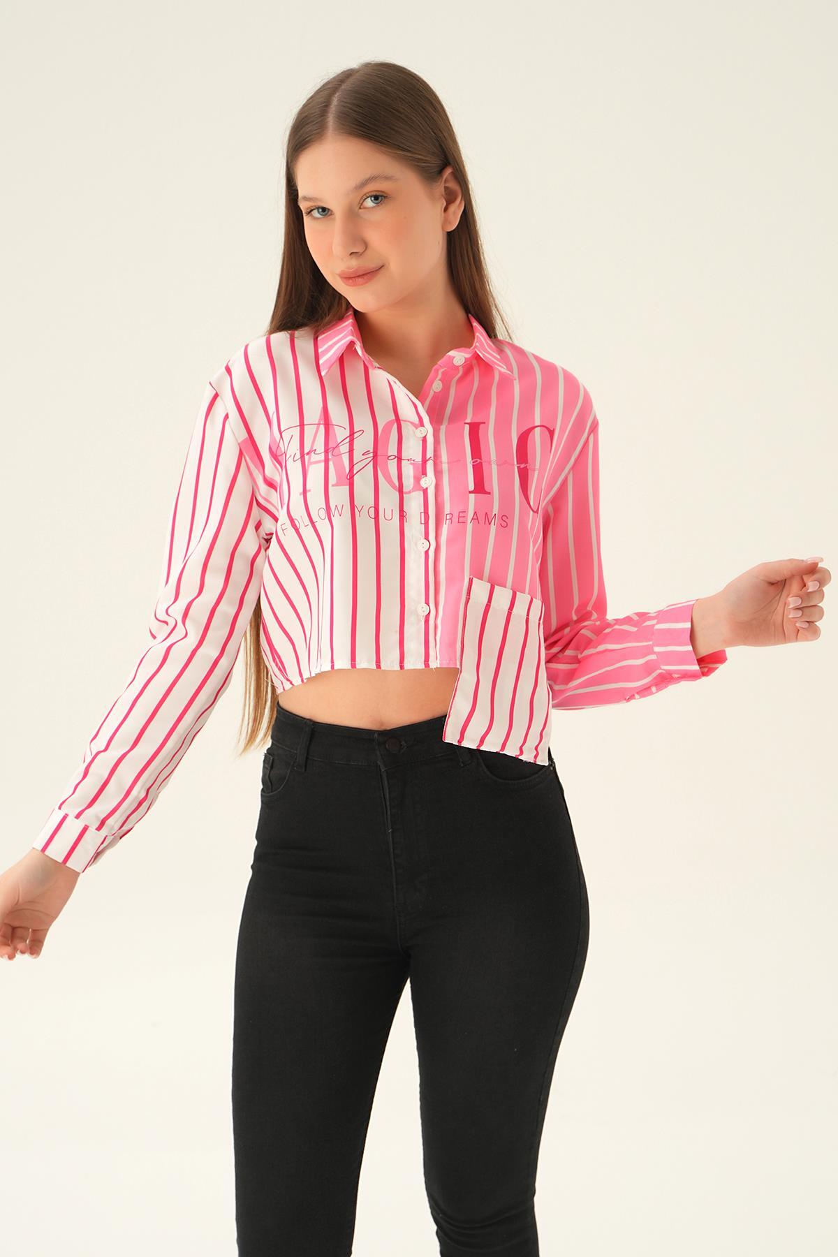 Pembe Crop Çizgili Gömlek 71482 - 3