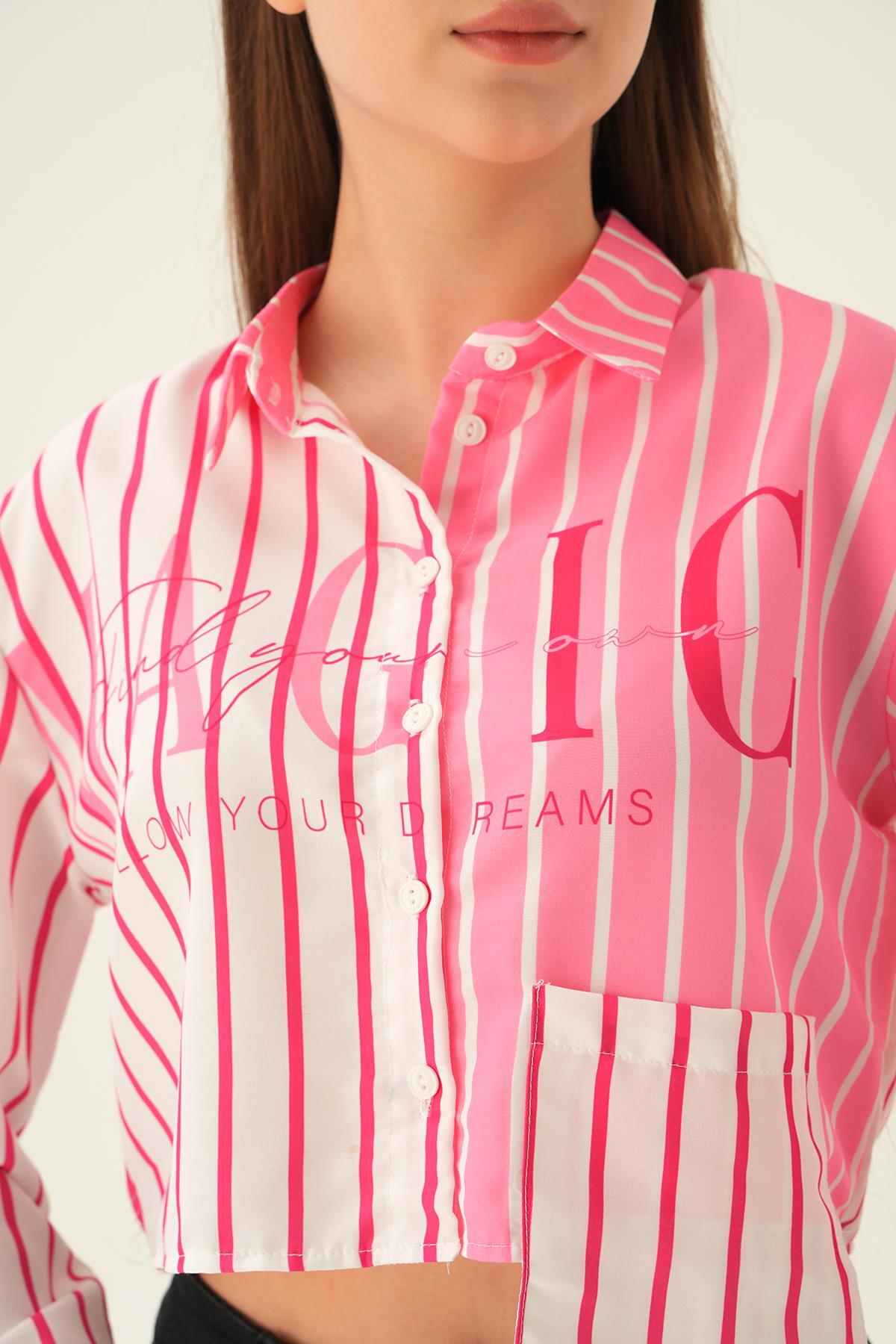 Pembe Crop Çizgili Gömlek 71482 - 5