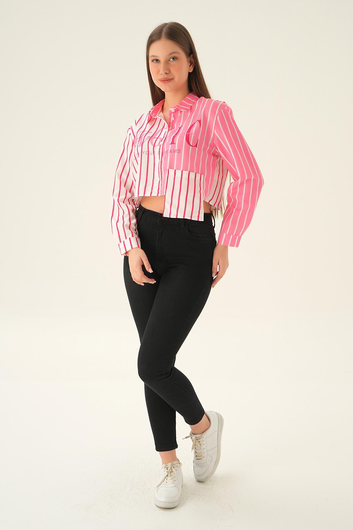 Pembe Crop Çizgili Gömlek 71482 - 6