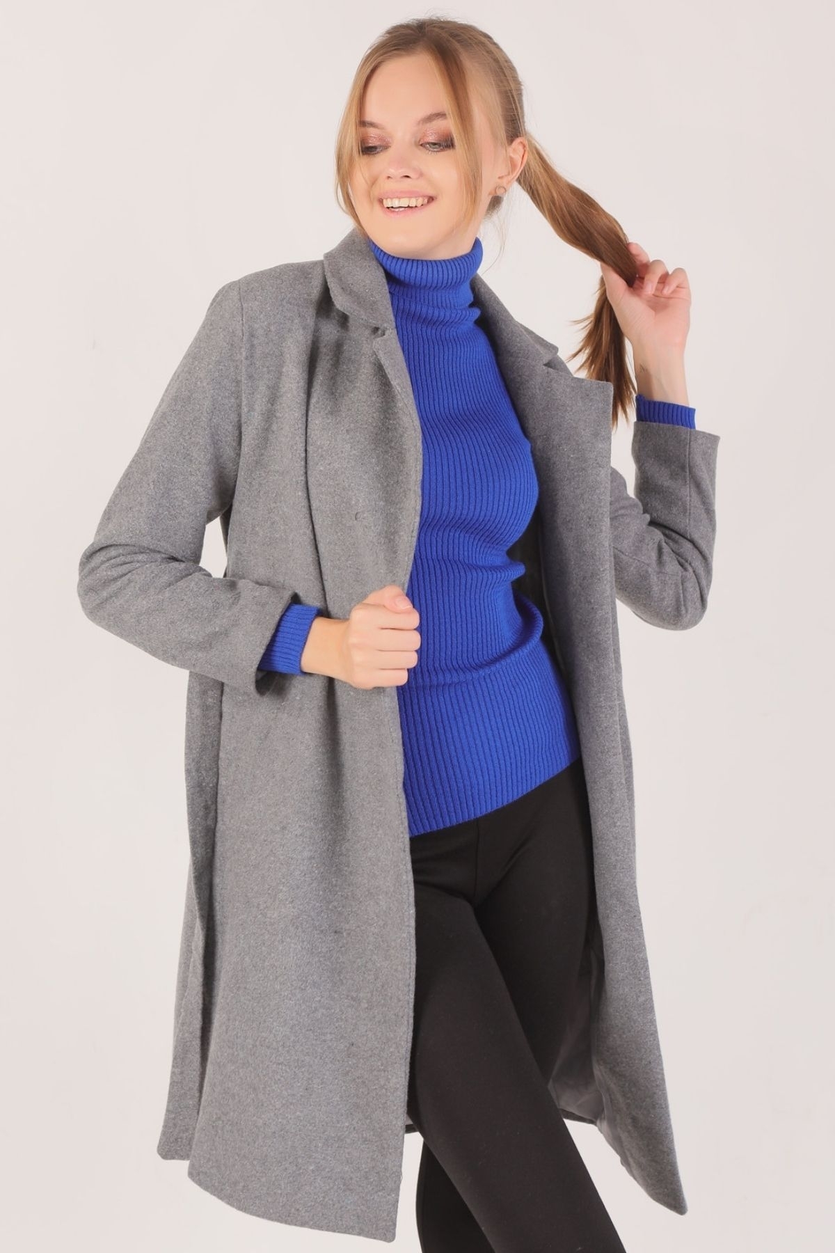 Antrasit Kemerli İçi Astarlı Uzun Kaşe Kaban TCR-7149A - 3