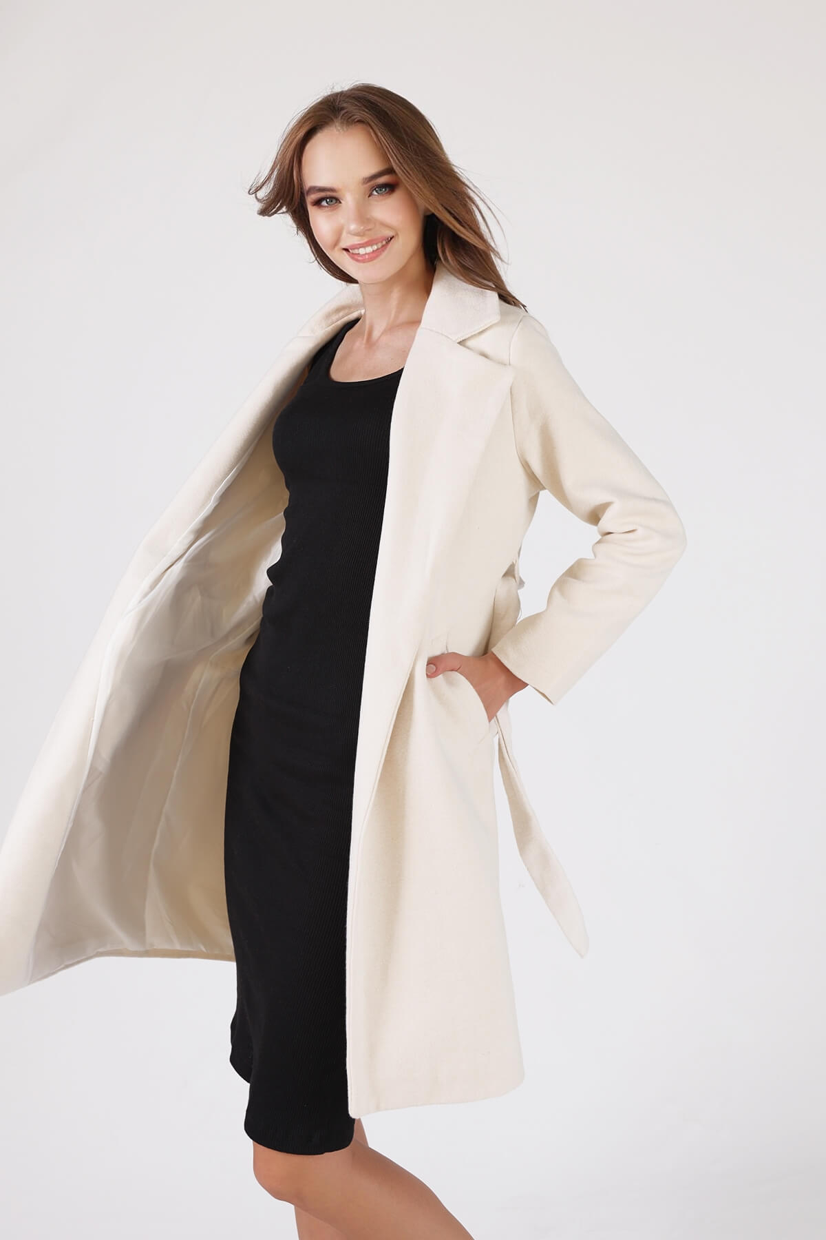 7149A Belden Bağlamalı Uzun Kaban Bej - 3