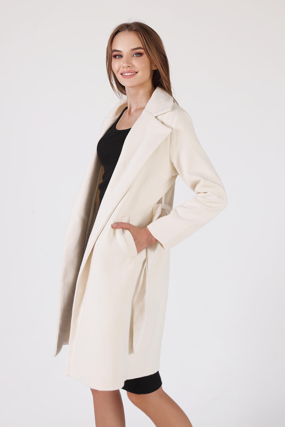 7149A Belden Bağlamalı Uzun Kaban Bej - 2