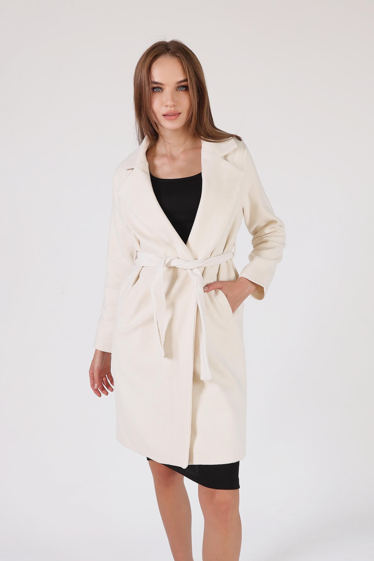 Bej Kemerli İçi Astarlı Uzun Kaşe Kaban TCR-7149A - 1