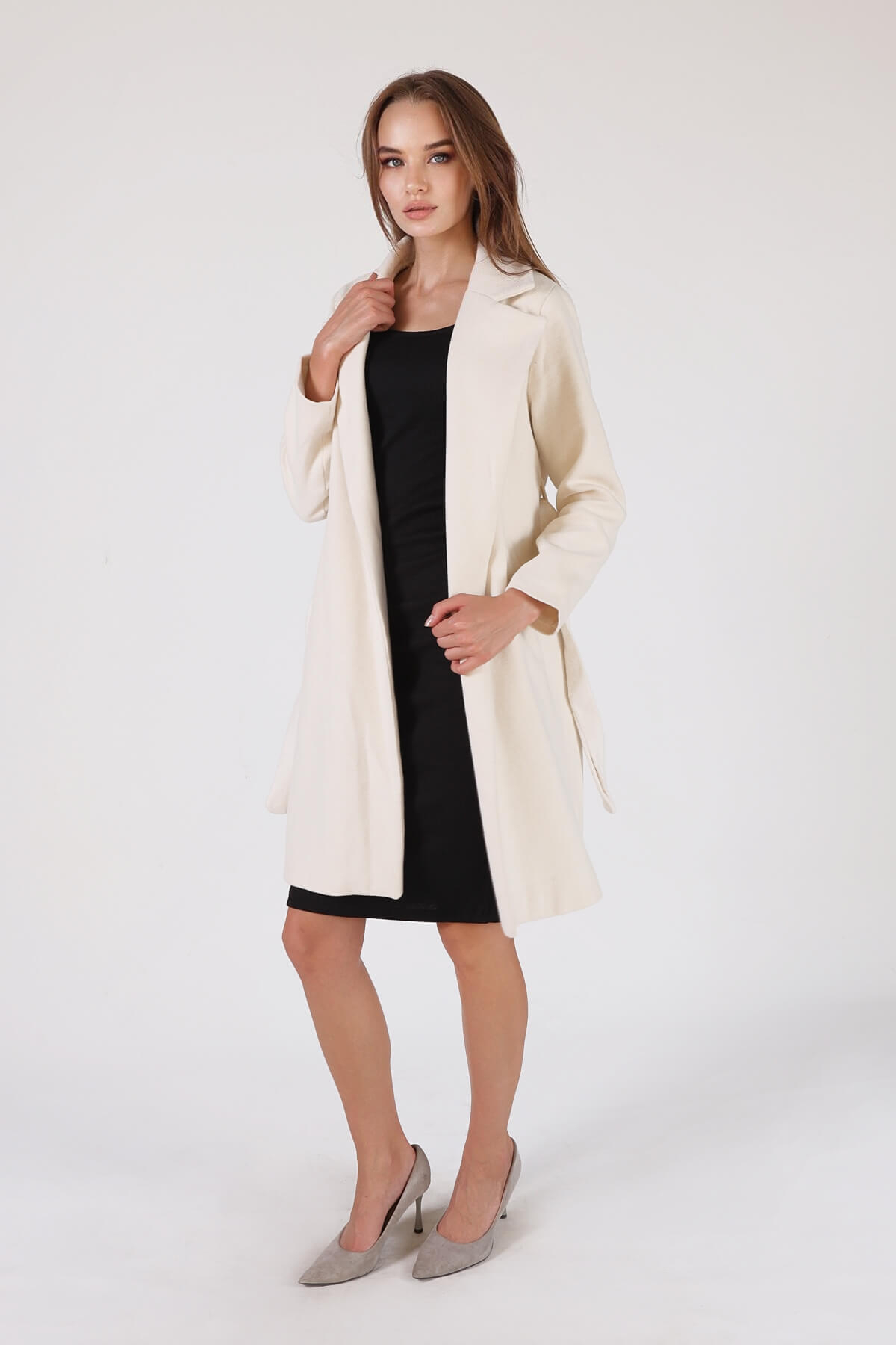 Bej Kemerli İçi Astarlı Uzun Kaşe Kaban TCR-7149A - 4