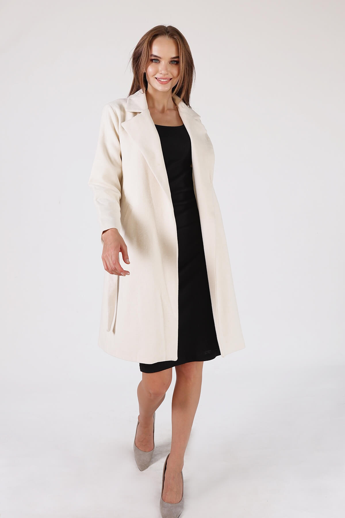 Bej Kemerli İçi Astarlı Uzun Kaşe Kaban TCR-7149A - 5