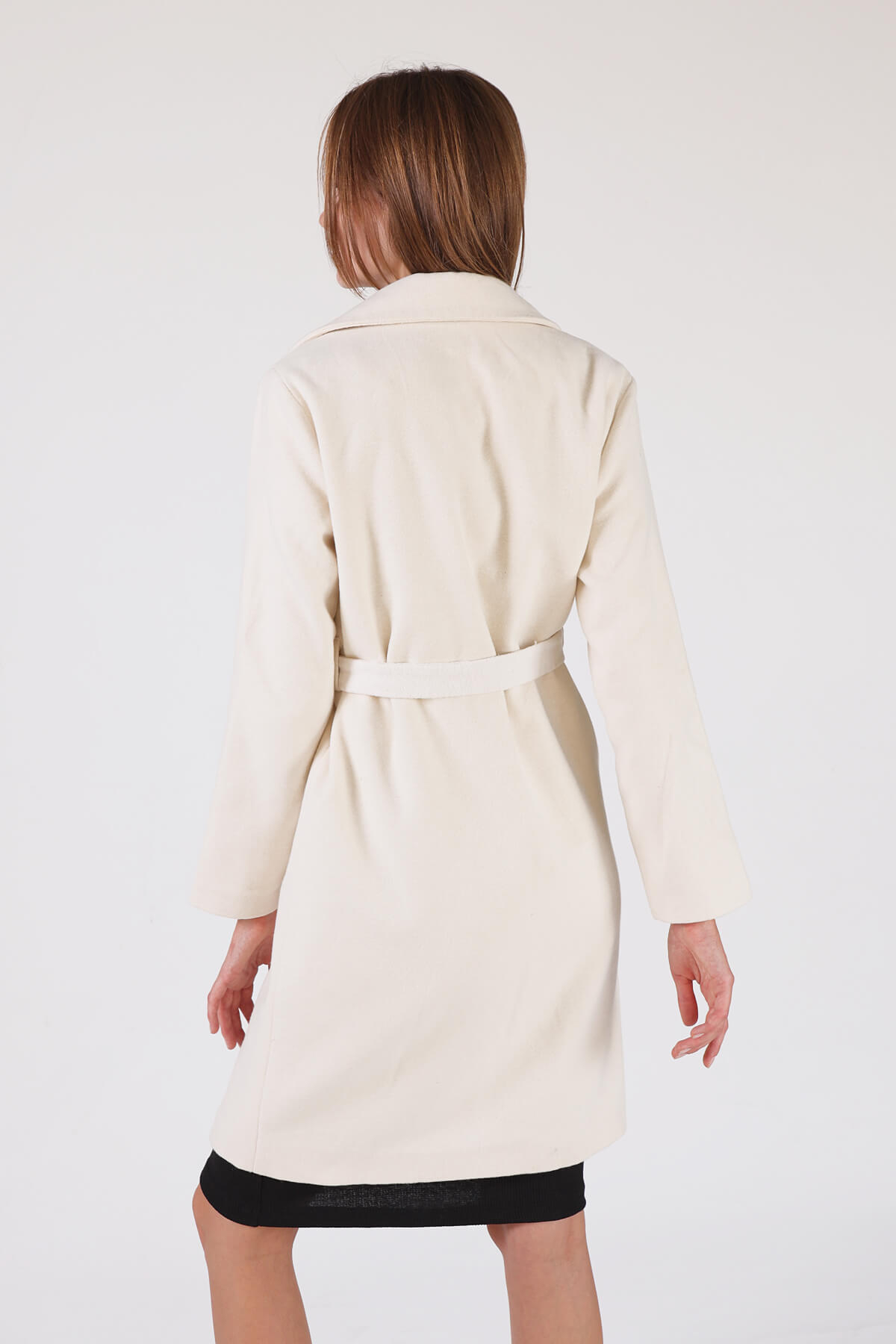 Bej Kemerli İçi Astarlı Uzun Kaşe Kaban TCR-7149A - 7