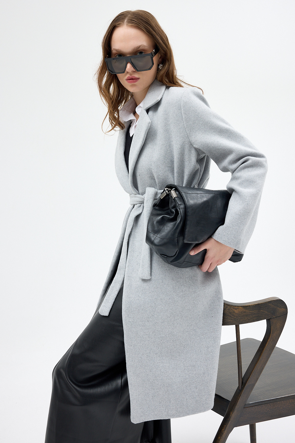 Gri Kemerli İçi Astarlı Uzun Kaşe Kaban 7149A - RAYS