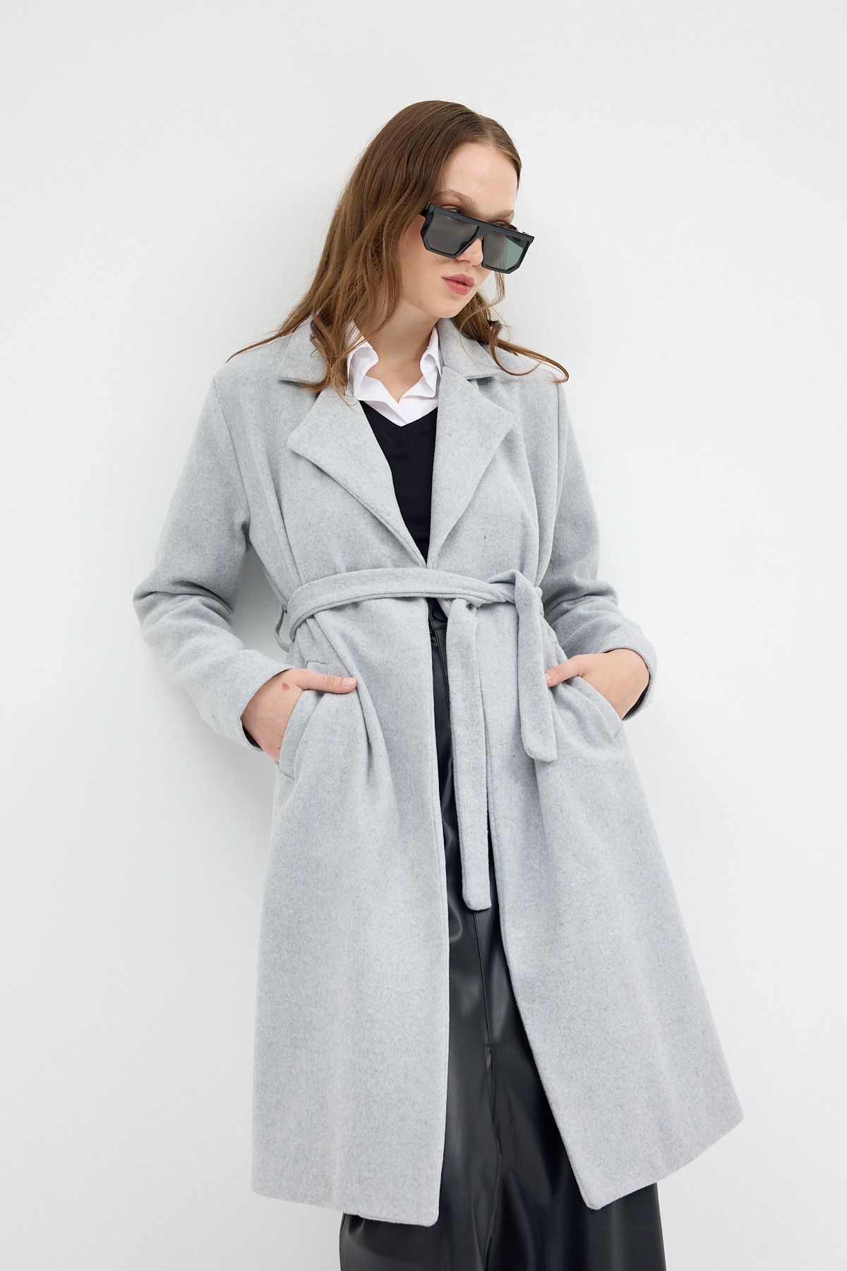 Gri Kemerli İçi Astarlı Uzun Kaşe Kaban 7149A - 2