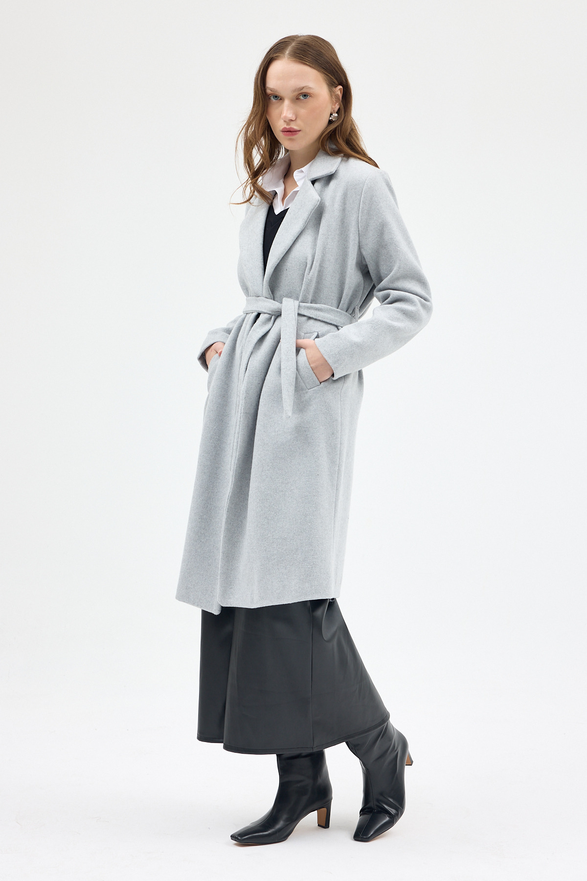 Gri Kemerli İçi Astarlı Uzun Kaşe Kaban 7149A - 3