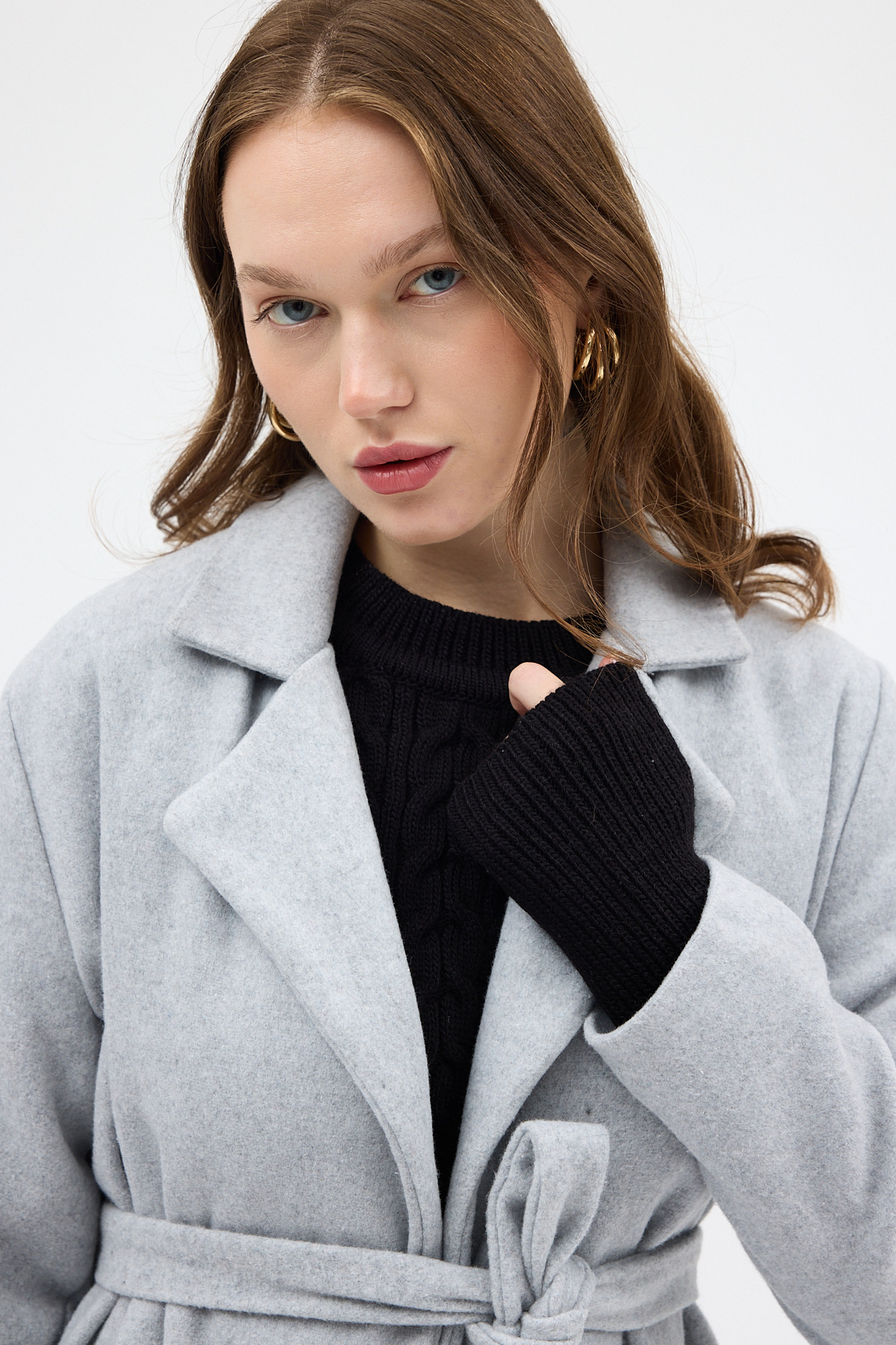 Gri Kemerli İçi Astarlı Uzun Kaşe Kaban 7149A - 4