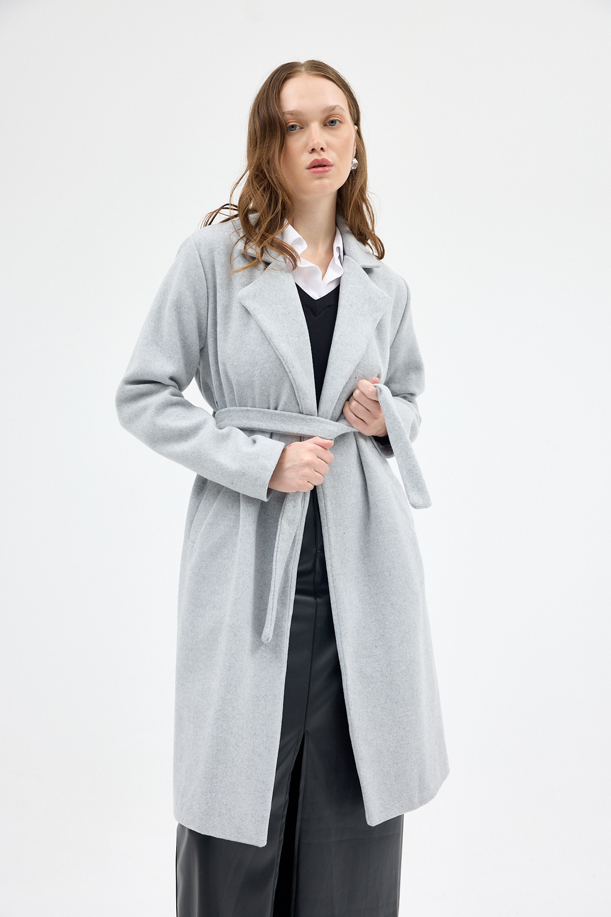 Gri Kemerli İçi Astarlı Uzun Kaşe Kaban 7149A - 6