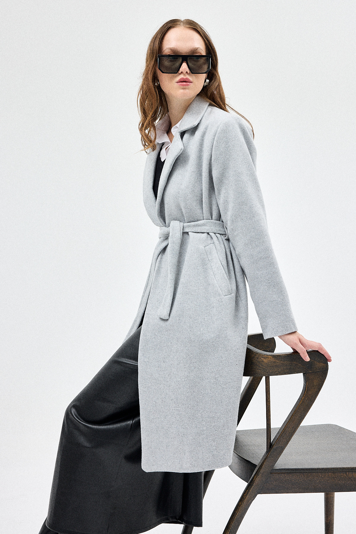 Gri Kemerli İçi Astarlı Uzun Kaşe Kaban 7149A - 7