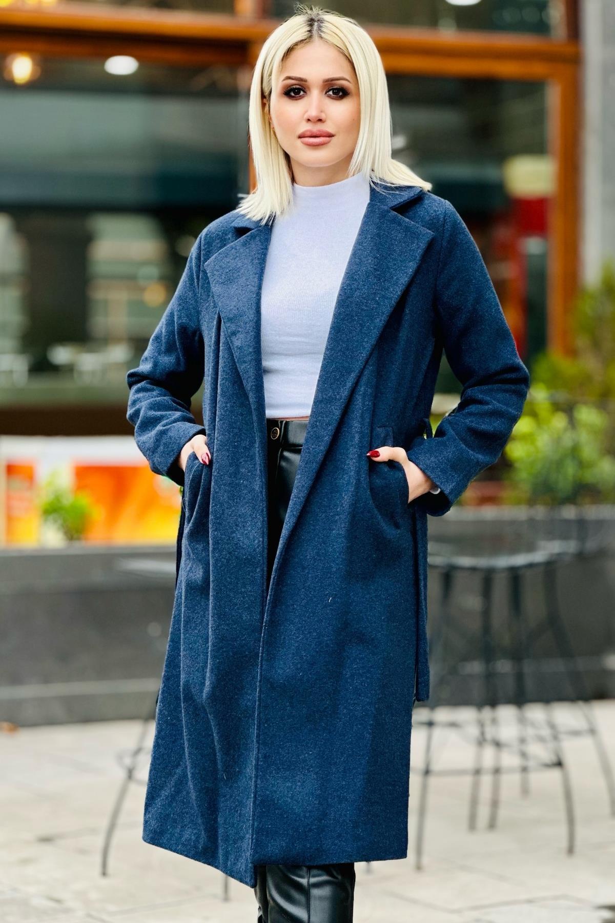 7149A Belden Bağlamalı Uzun Kaban İndigo 