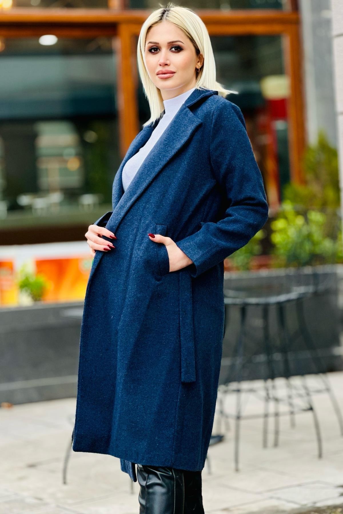 İndigo Kemerli İçi Astarlı Uzun Kaşe Kaban TCR-7149A - 2