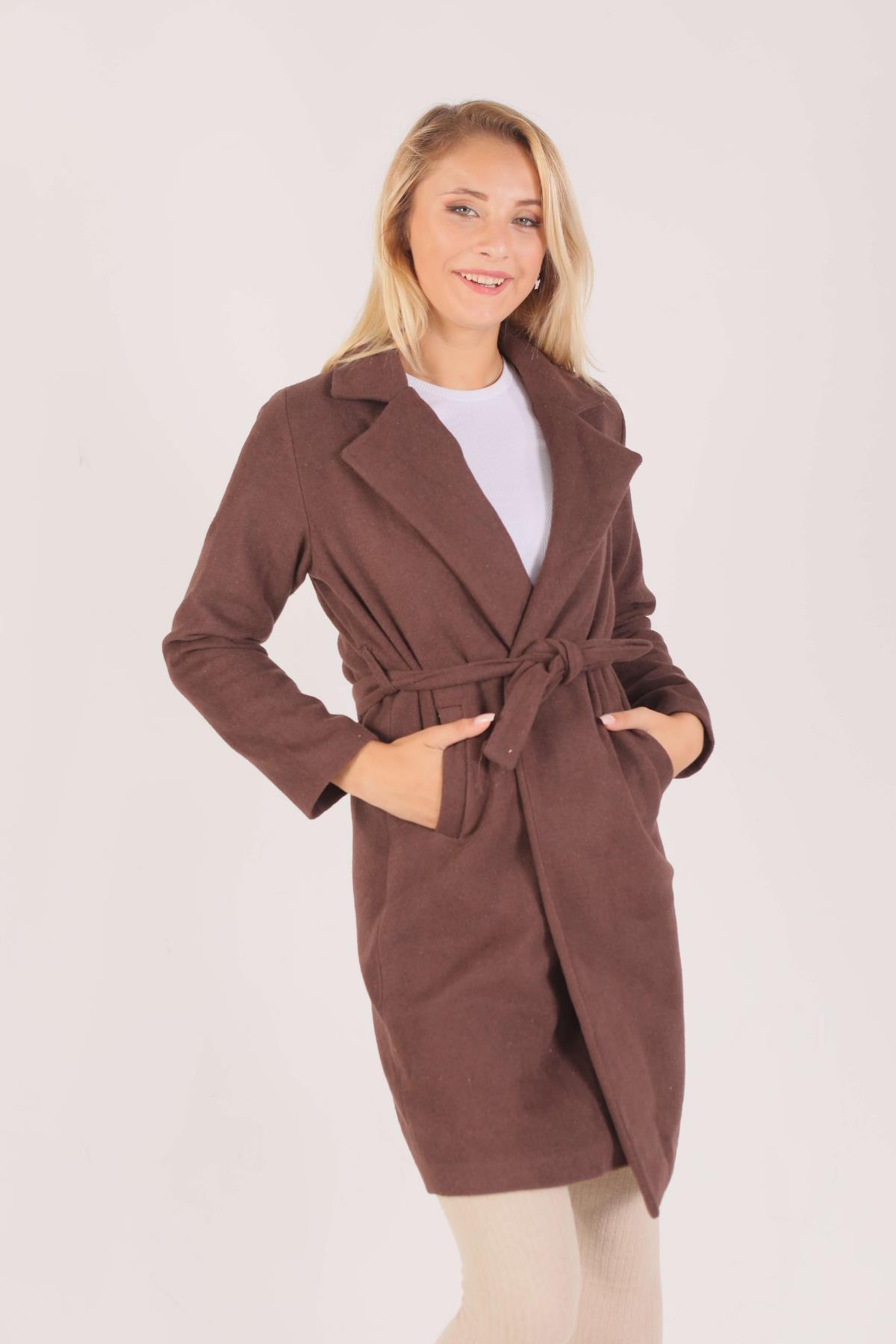 Kahve Kemerli İçi Astarlı Uzun Kaşe Kaban TCR-7149A - 1