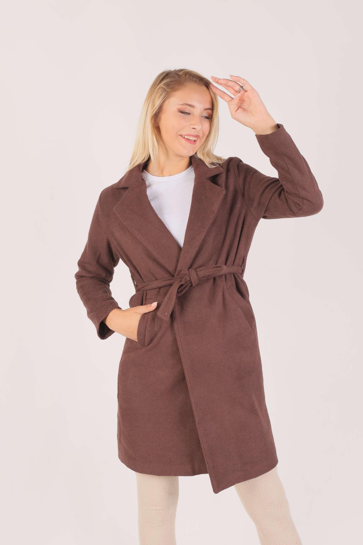 Kahve Kemerli İçi Astarlı Uzun Kaşe Kaban TCR-7149A - 2