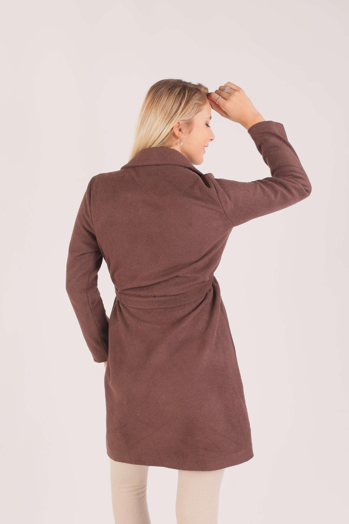 Kahve Kemerli İçi Astarlı Uzun Kaşe Kaban TCR-7149A - 3