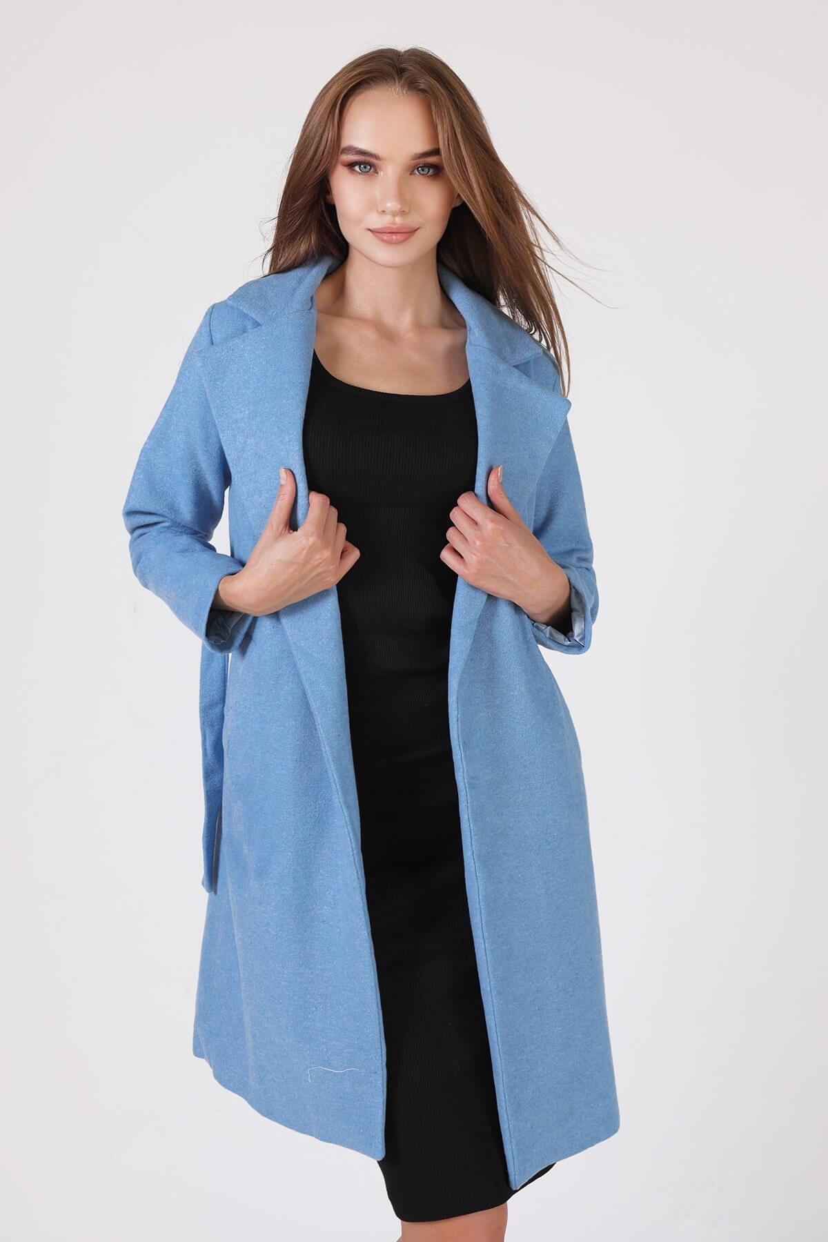 7149A Belden Bağlamalı Uzun Kaban Mavi - 3