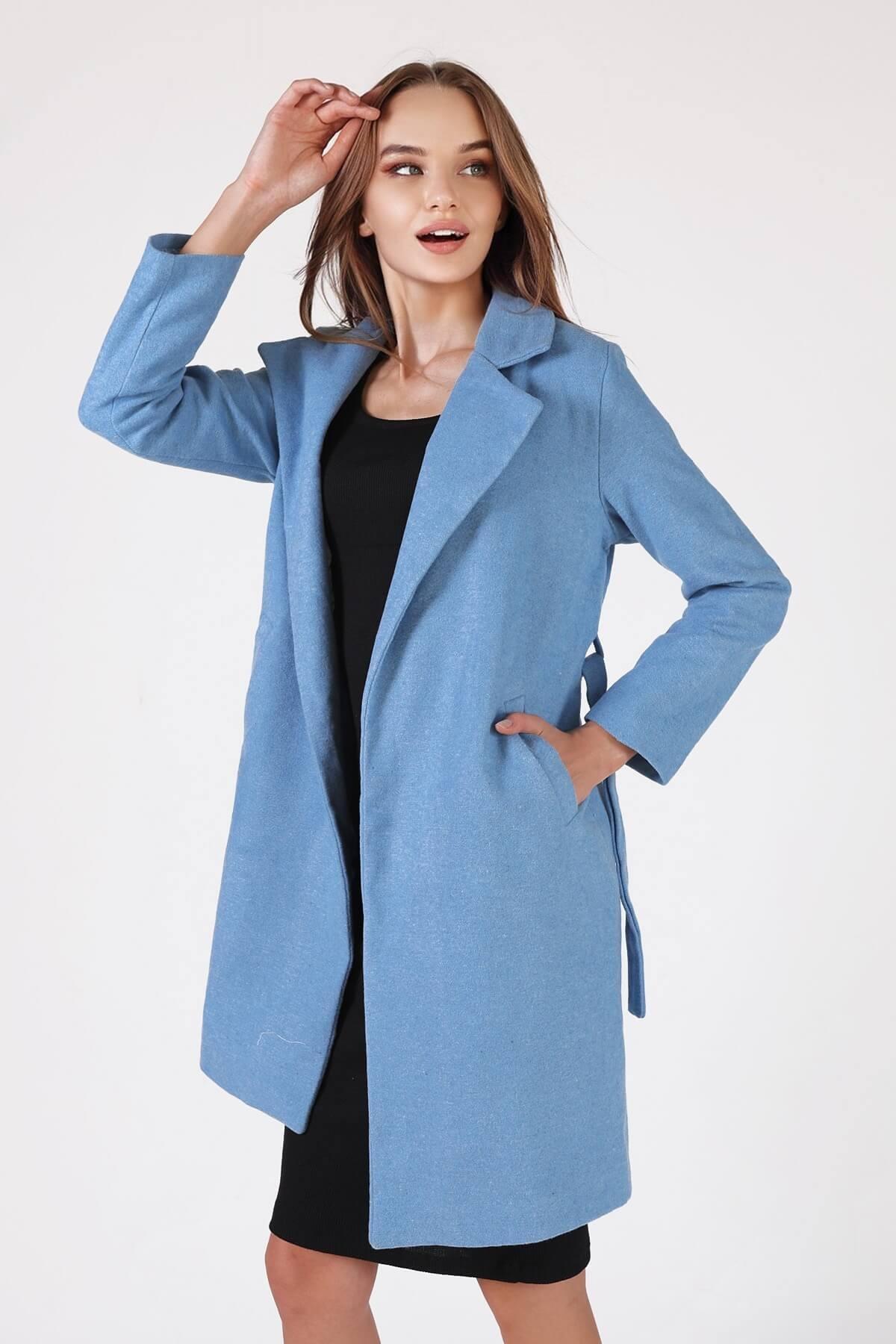 Mavi Kemerli İçi Astarlı Uzun Kaşe Kaban TCR-7149A - 2