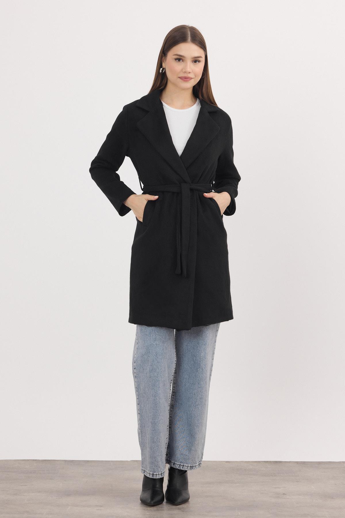 Siyah Kemerli İçi Astarlı Uzun Kaşe Kaban 7149A 