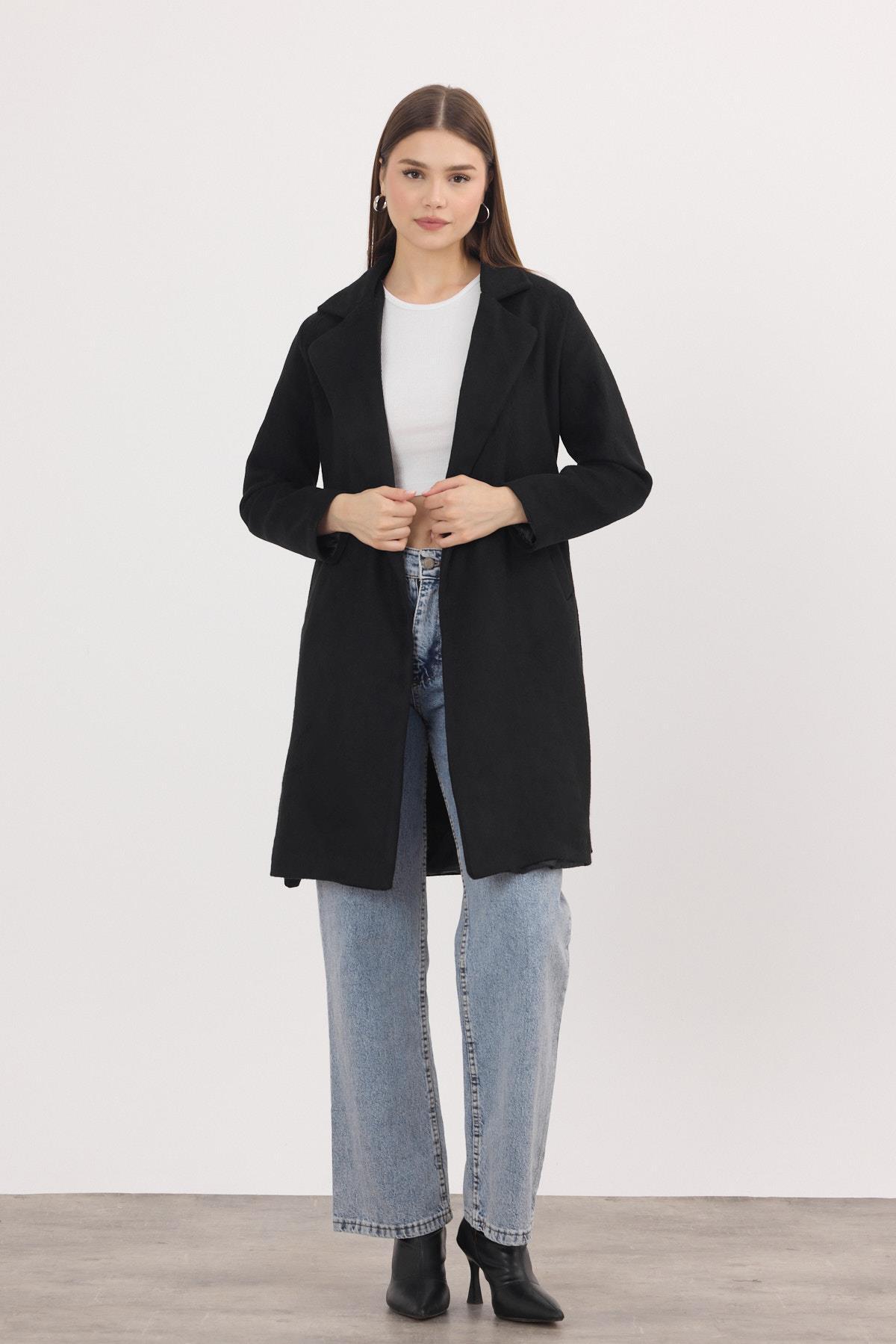 Siyah Kemerli İçi Astarlı Uzun Kaşe Kaban 7149A - 2