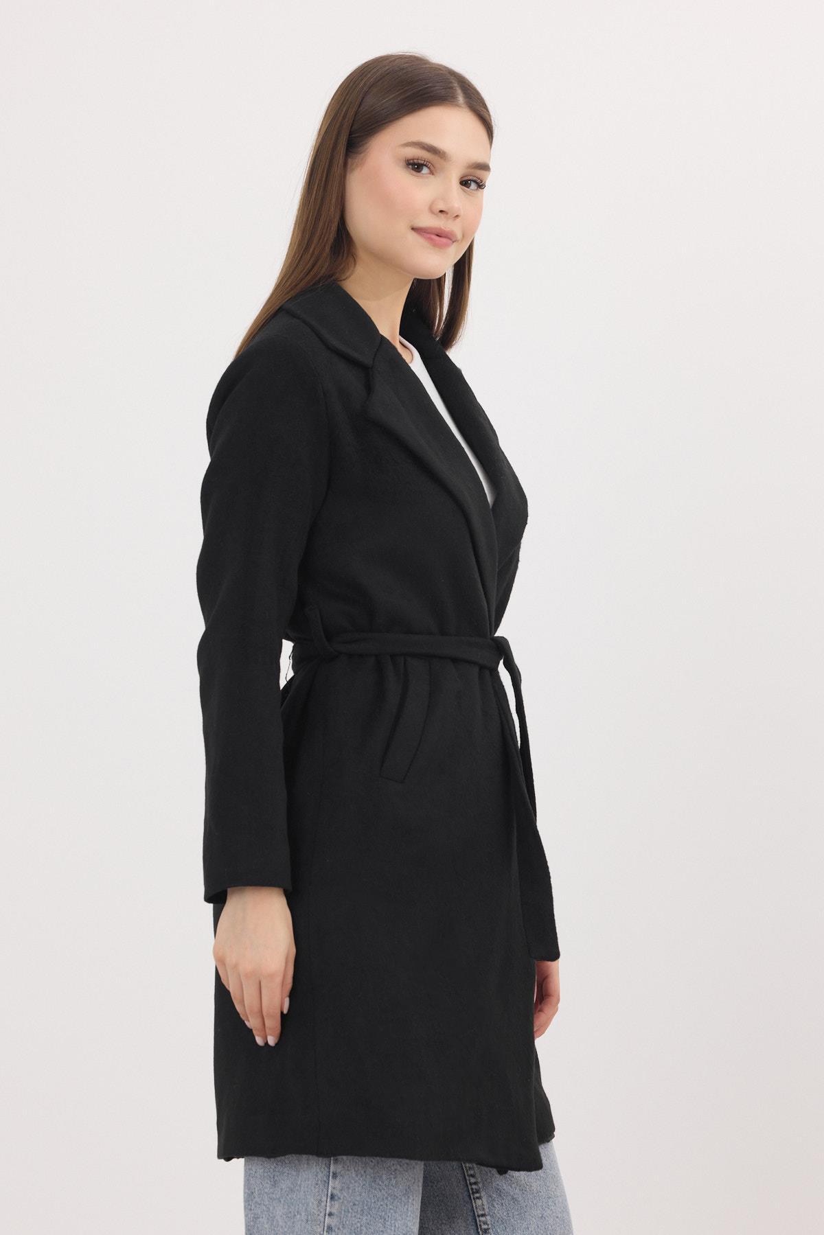 Siyah Kemerli İçi Astarlı Uzun Kaşe Kaban 7149A - 3