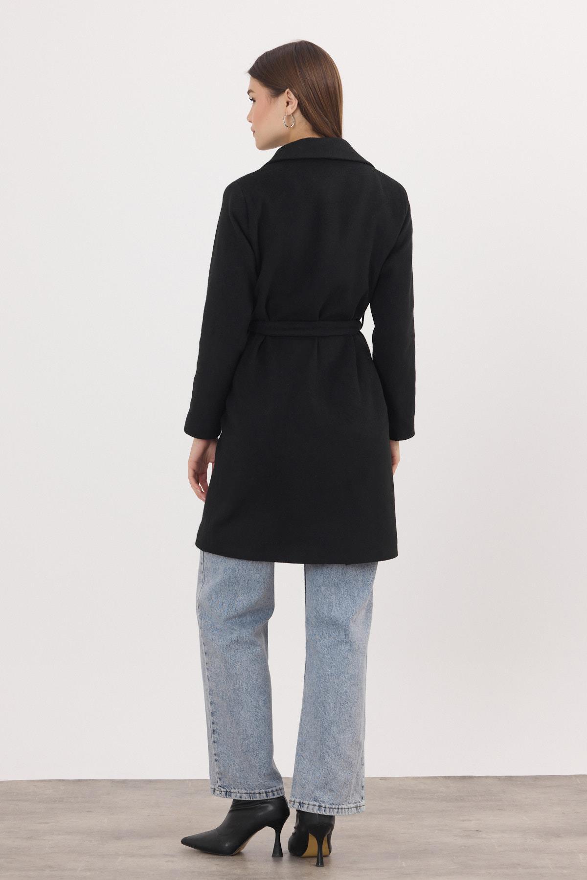 Siyah Kemerli İçi Astarlı Uzun Kaşe Kaban 7149A - 5