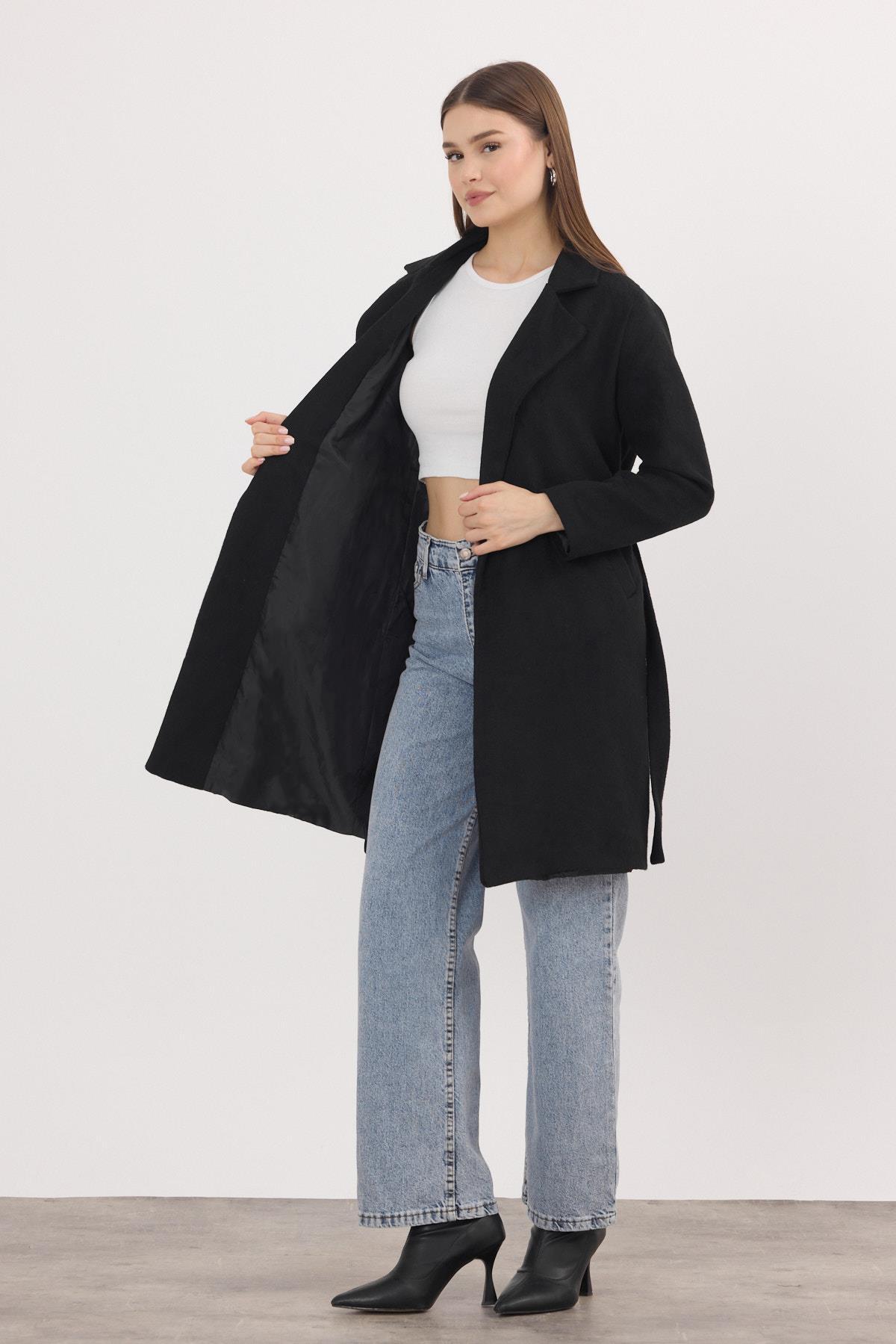 Siyah Kemerli İçi Astarlı Uzun Kaşe Kaban 7149A - 6