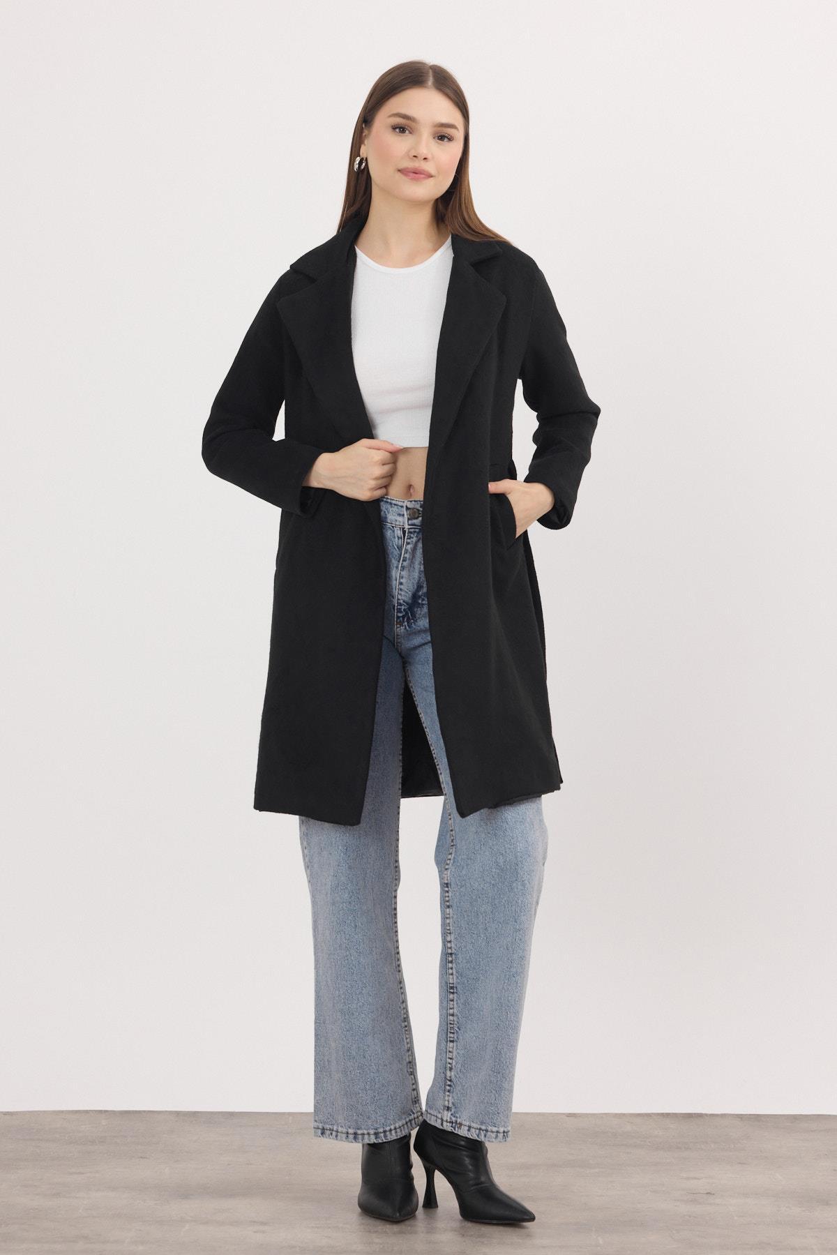 Siyah Kemerli İçi Astarlı Uzun Kaşe Kaban 7149A - 7