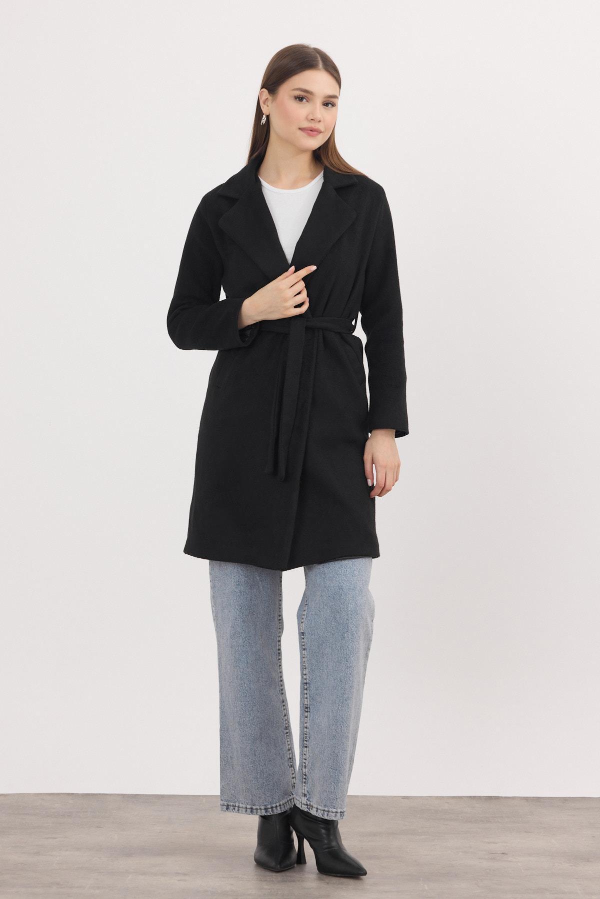 Siyah Kemerli İçi Astarlı Uzun Kaşe Kaban 7149A - 8